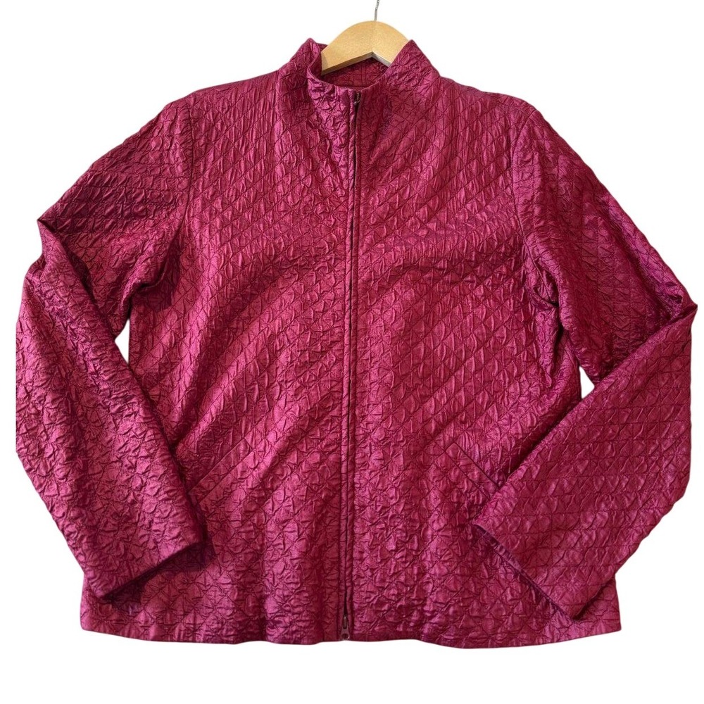 Eileen Fisher Tussah Silk Quilted Jacket Medium Berry Magenta Full Zip Mock Neck - Picture 4 of 7